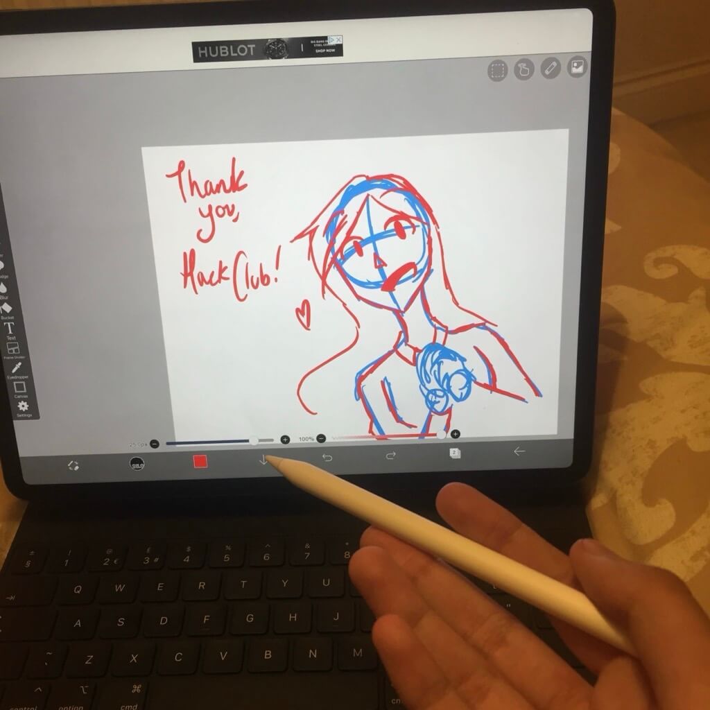 Student drawing on iPad Pro to thank Hack Club